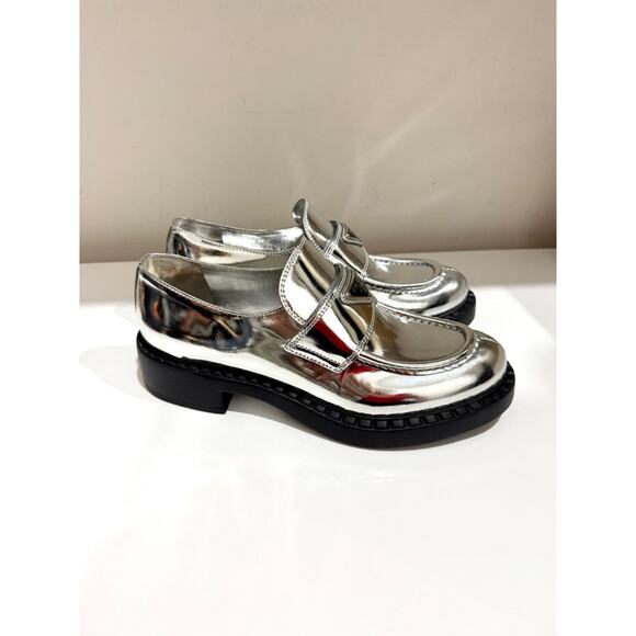 NWOT Prada Metallic Leather 50mm Block Heel Loafers Shoes Silver Women's EU 40 - Picture 5 of 9